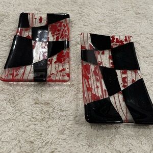 Two Handmade Fused Art Glass Rectangle Plate Trinket Dishes- Signed